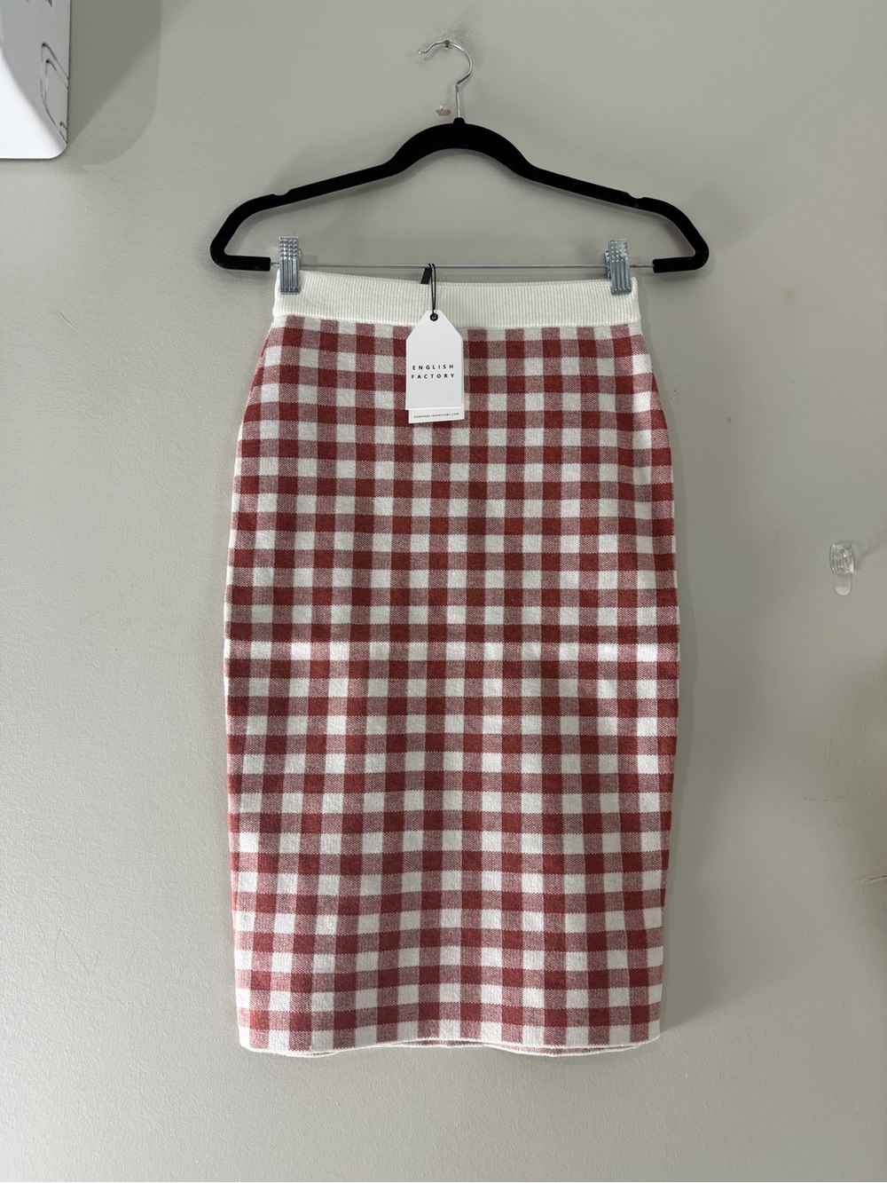 English Factory Cream and Red Gingham Knit Pencil Skirt